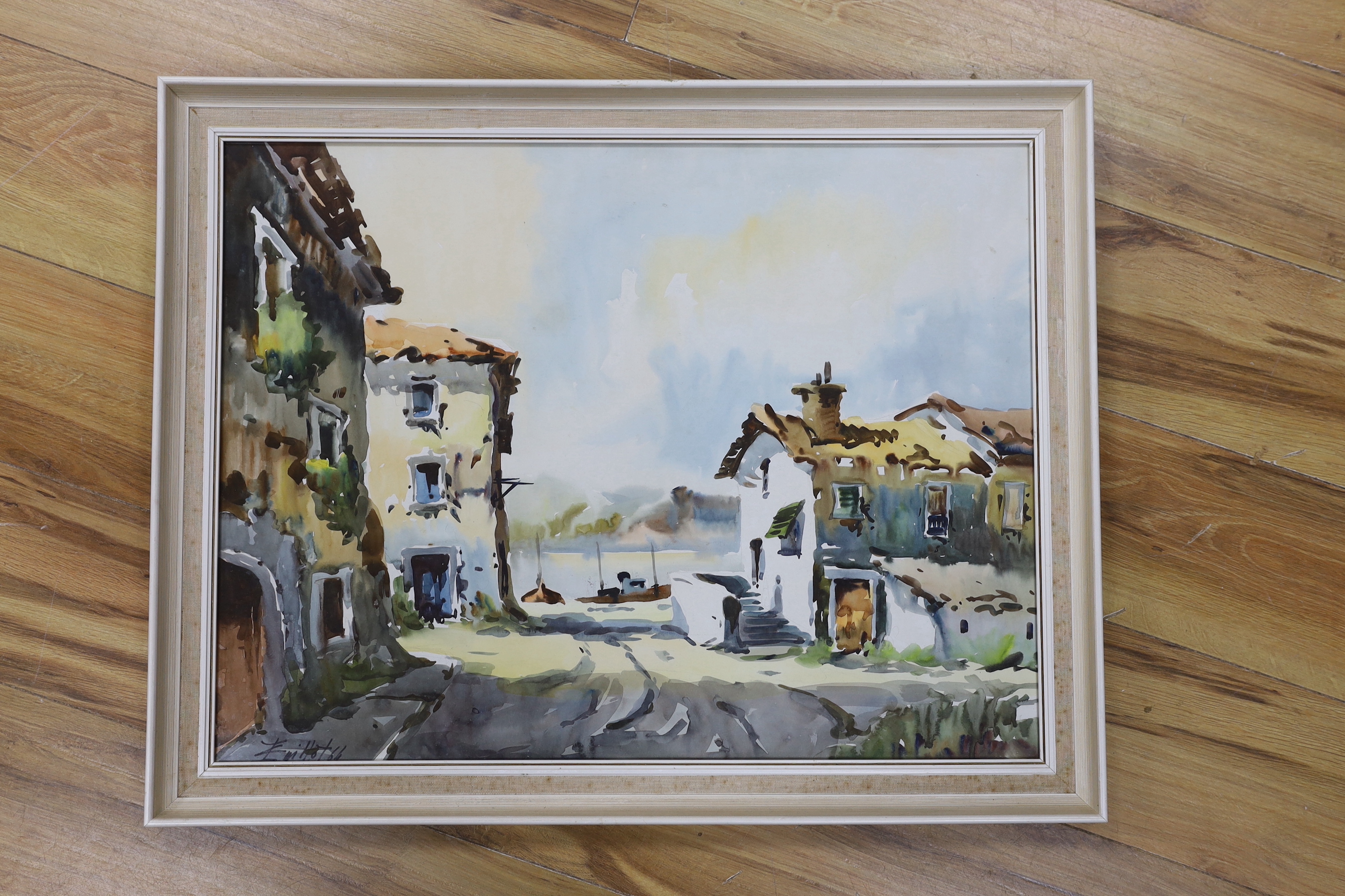 Javier Varela Guillot, four watercolours, Spanish town scene and Northern Spanish landscapes, signed and dated, largest 63 x 43cm
